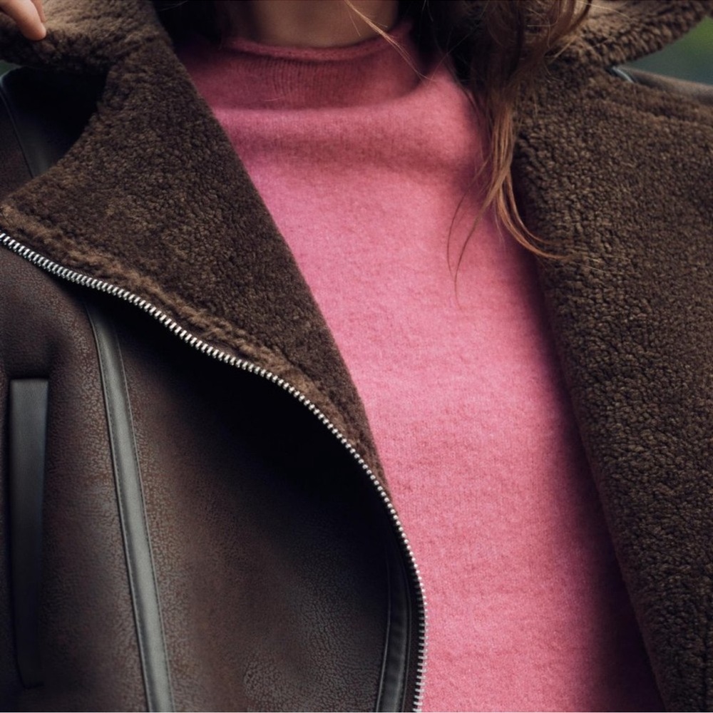 ZARA Shearling Cropped Biker Jacket - Picture 3 of 5